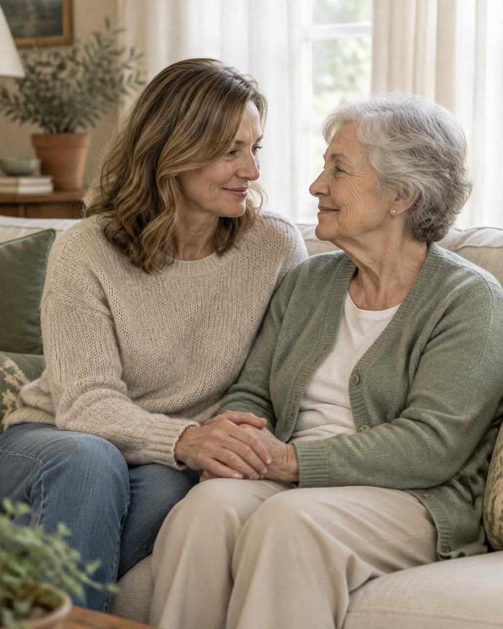 An adult daughter holding her mother's hands on a sofa