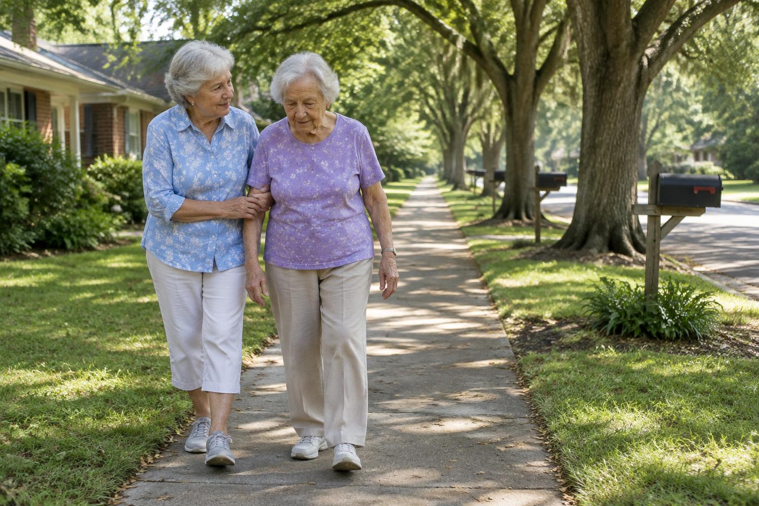 Two older women walking arm in arm along a leafy residential sidewalk on a sunny morning