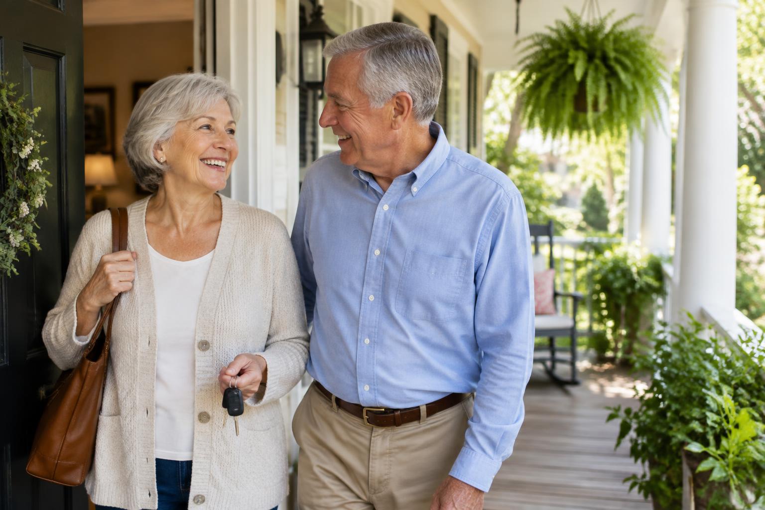 Two retired neighbors heading out the front door together, smiling