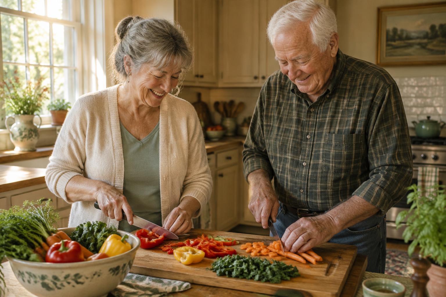 A caregiver and an older man chopping vegetables together at a kitchen counter