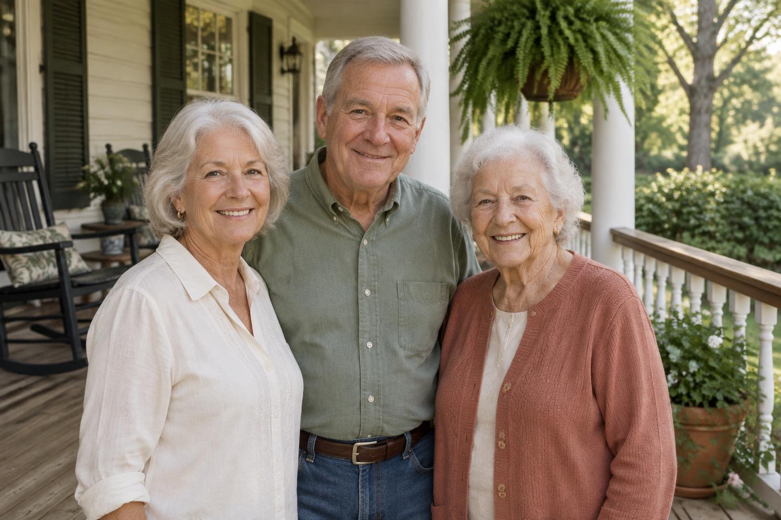 Three retired neighbors standing together on a Southern front porch