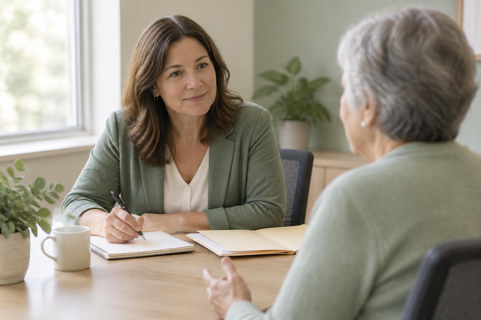 A social worker with a notepad talking with a retired caregiver across a desk