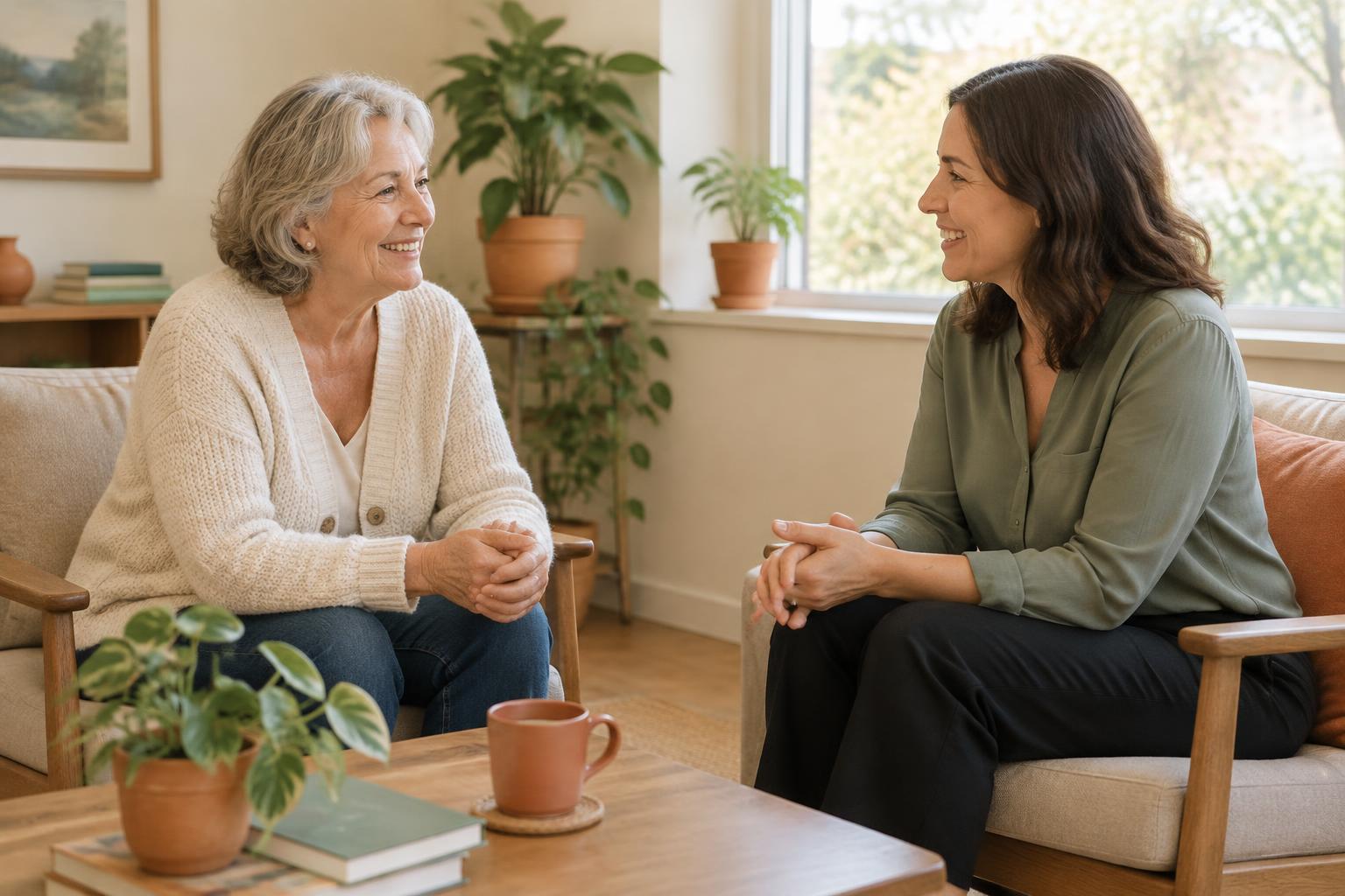 A retired caregiver talking with a hospital discharge planner in a bright lounge