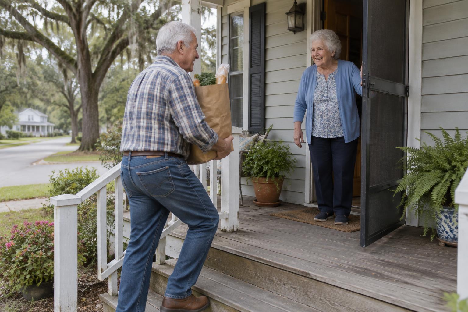 A retired man carrying a paper grocery bag up the front porch steps while an older neighbor holds the screen door open